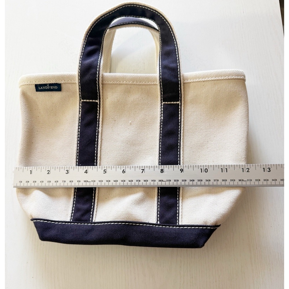 Land's End Small Canvas Tote Bag. White With Blue Stripes. 9" Tall. - Picture 3 of 11